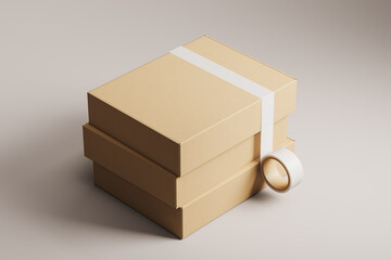 Cardboard packaging boxes and a roll of white electrical tape. Side view. Mock up. 3d rendering
