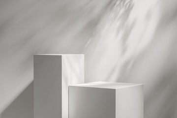 Two square white podiums with shadows for display or presentation. Mock up. 3d rendering