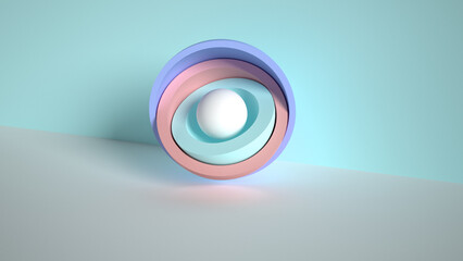 3d minimal motion design, ball hidden inside colorful hemispheres, layers opening. Simple geometric objects, primitive shapes isolated on pink background. Live image, modern animated poster.