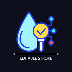 Water safety pixel perfect RGB color icon for dark theme. Liquid, fluid proof technology. Internet of Things. Simple filled line drawing on night mode background. Editable stroke. Arial font used