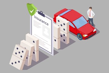 Car insurance policy stopping domino effect, vector isometric illustration. Auto safety and protection.