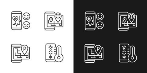 Mobile applications pixel perfect light and dark theme color icons set. Healthcare service. Internet of Things. Simple filled line drawings. Bright cliparts on white and black. Editable stroke