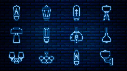 Set line Wall lamp or sconce, Lamp hanging, Light emitting diode, LED light bulb, Table, Chandelier and Garden icon. Vector