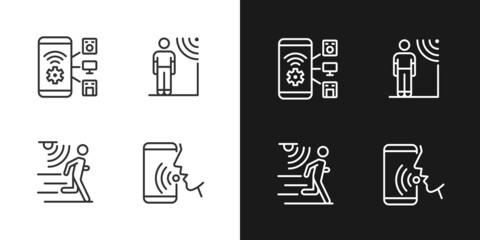 Sensor technology pixel perfect light and dark theme color icons set. Mobile application for remote control. Simple filled line drawings. Bright cliparts on white and black. Editable stroke