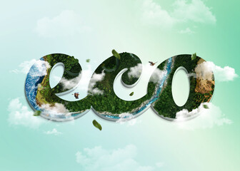 Landscape nature, 3d letters in the form of an island, forest, river, clouds, birds. Eco illustration. Light blue background.