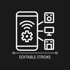 Smart appliances control pixel perfect white linear icon for dark theme. Mobile access to device regulation. Thin line illustration. Isolated symbol for night mode. Editable stroke. Arial font used
