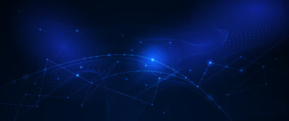Vector molecule, Network Connected lines with dots, technology on blue background. Abstract internet network connection design for web site. Digital data, communication, science and futuristic concept