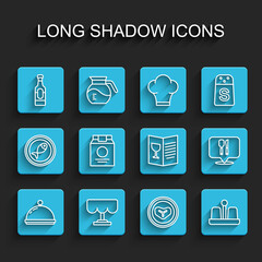 Set line Covered with tray, Wooden table, Wine bottle, Steak meat on plate, Salt and pepper, Online ordering delivery, Cafe restaurant location and Restaurant cafe menu icon. Vector