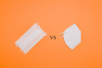 Face mask (FFP2) vs Surgical face mask in the center of a orange background