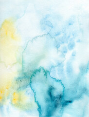Large size watercolor background for invitations, banners, posters, billboards, advertisements, covers. The background is colored in turquoise, blue, yellow and indigo. 