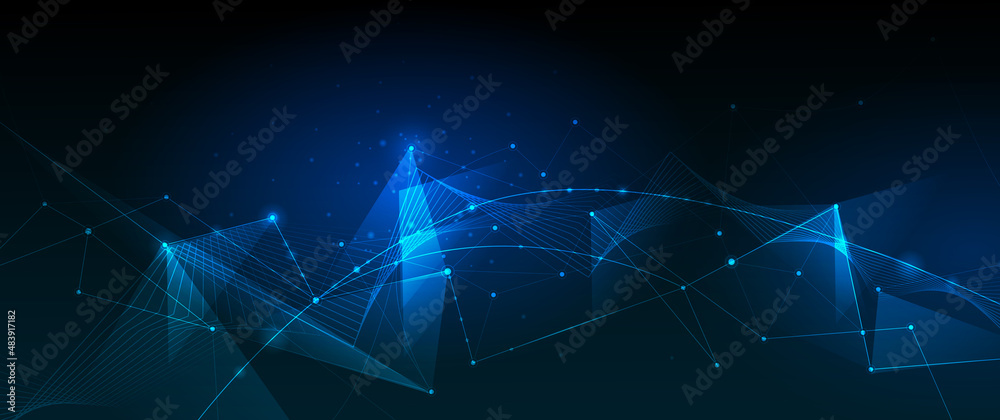 Wall mural vector molecule, network connected lines with dots, technology on blue background. abstract internet