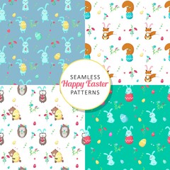 Easter seamless pattern set. Spring childish background, wallpaper with cute animals, eggs, flowers, vector illustration