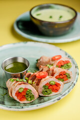 Minced meat loaf rolls with veegtables inside, vegetable stuffed meat rolls. Ukrainian cuisine concept.