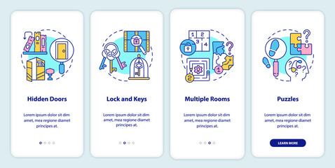 Escape room features onboarding mobile app screen. Hidden doors, puzzles walkthrough 4 steps graphic instructions pages with linear concepts. UI, UX, GUI template. Myriad Pro-Bold, Regular fonts used