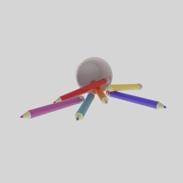 Multicolored pencils in a glass on a light background. A set for creativity. Pencils for drawing. Fallen pencils. Children's colored pencils. 3D rendering, rendering, 3d. 