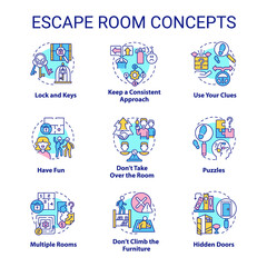 Escape room concept icons set. Puzzle-solving adventure idea thin line color illustrations. Lock and keys. Use clues. Isolated symbols. Editable stroke. Roboto-Medium, Myriad Pro-Bold fonts used