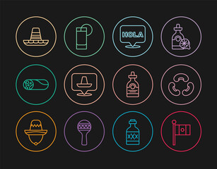 Set line Mexico flag, Beans, Hola, Mexican sombrero, Burrito, Tequila bottle and glass with lemon icon. Vector © vector_v