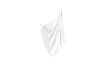 Blank white folded fabric hanging on corner mockup, no gravity