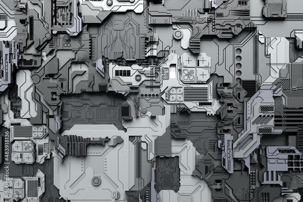 Fototapete 3d illustration of the close up of the gray cyber armor on neon lights. abstract graphics in the sty