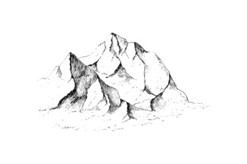 Hand drawn mountain landscape.Peaks, rocks and hills in the snow. Ski resort.