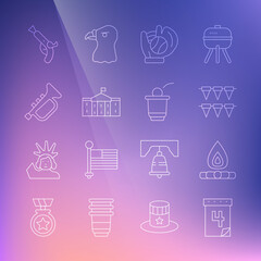 Set line Calendar with date July 4, Campfire, Carnival garland flags, Baseball glove ball, United States Capitol Congress, Trumpet, Vintage pistols and Beer pong game icon. Vector