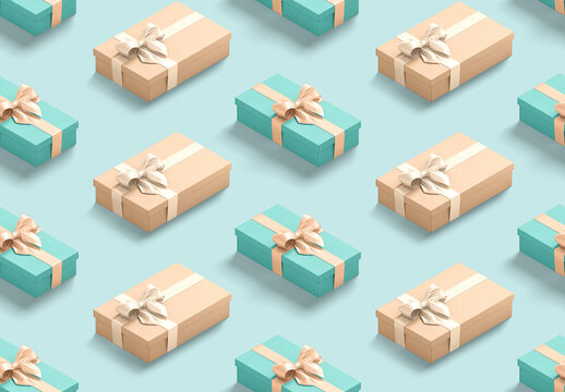 Blue And Pink Rectangular Christmas Gift Box Pattern Seamless Mockup