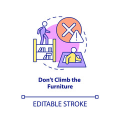 Dont climb furniture concept icon. Escape room safety precaution abstract idea thin line illustration. Being respect. Isolated outline drawing. Editable stroke. Arial, Myriad Pro-Bold fonts used