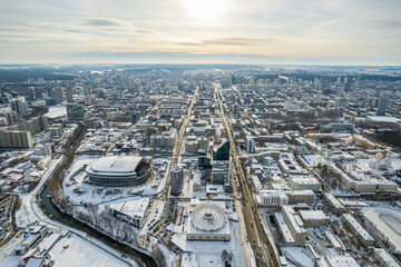 Yekaterinburg aerial panoramic view at Winter in cloudy day. Ekaterinburg is the fourth largest city in Russia located in the Eurasian continent on the border of Europe and Asia.