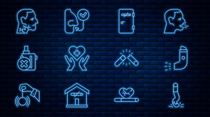 Set line Cigarette butt, Inhaler, No smoking area, Heart with cross, electronic cigarette, Throat cancer, Broken and Healthy breathing icon. Vector