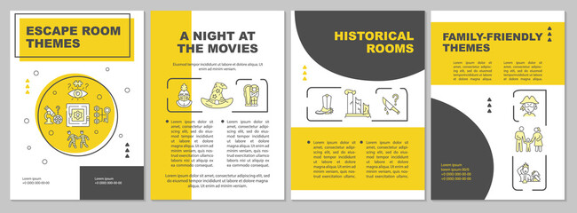 Escape room thematic ideas yellow brochure template. Family friendly design. Leaflet design with linear icons. 4 vector layouts for presentation, annual reports. Arial, Myriad Pro-Regular fonts used