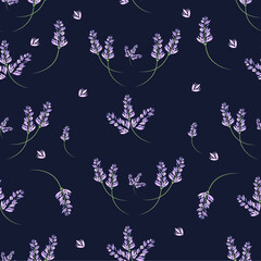 seamless floral pattern, lavender flowers on dark background  - 483918758