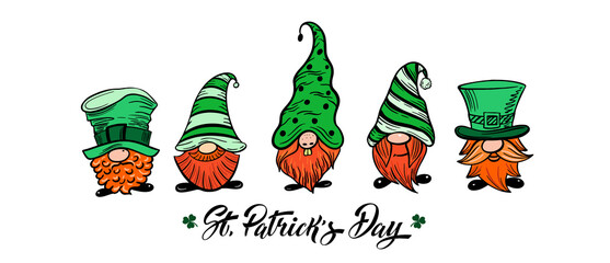 Happy St. Patricks Day funny gnomes. Logos and emblems for invitations, cards. Vector illustration.
