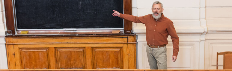 Teacher pointing at chalkboard in university, banner