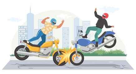 Plakat Motorcycle accident, vector illustration. Road crash. Two motorbikes collision. Road traffic accident.