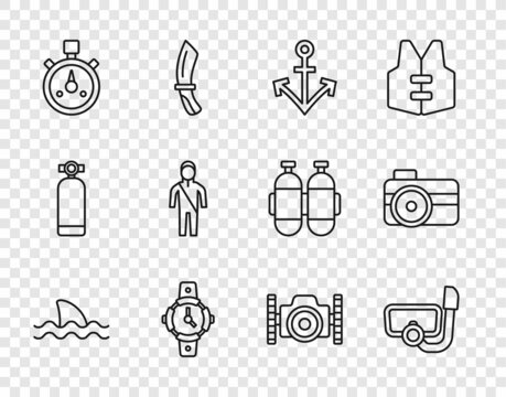 Set line Shark, Diving mask with snorkel, Anchor, watch, Stopwatch, Wetsuit for scuba diving, Photo camera diver and icon. Vector