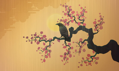 plum  blossom oriental painting style illustration with crow 매화 梅花 동양화 simple