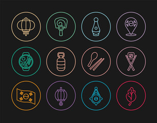 Set line Kimchi, Sushi with chopsticks, Soju bottle, Korean lantern, Ramen, Food and hand fan icon. Vector