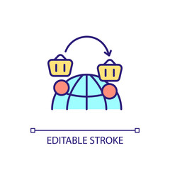 International reselling RGB color icon. Worldwide sales. Online shopping. Goods distribution abroad. Isolated vector illustration. Simple filled line drawing. Editable stroke. Arial font used