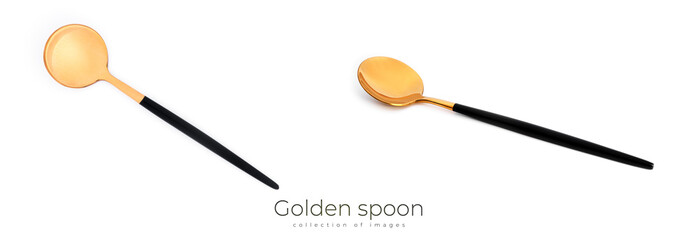 A golden spoon isolated on a white background.