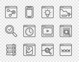 Set line Server, Browser window, Photo retouching, Website with stocks market and Search engine icon. Vector