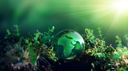 Environmental  and Earth Day Concept.  Planet Earth from crystal on green grass at sunset. 