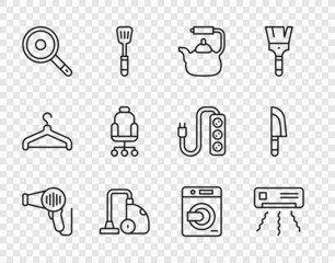 Set line Hair dryer, Air conditioner, Kettle with handle, Vacuum cleaner, Frying pan, Office chair, Washer and Knife icon. Vector