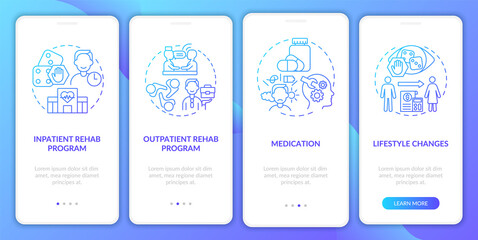 Gambling addiction treatment blue gradient onboarding mobile app screen. Walkthrough 4 steps graphic instructions pages with linear concepts. UI, UX, GUI template. Myriad Pro-Bold, Regular fonts used