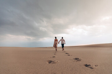 the wedding couple goes into the distance against the backdrop of the desert