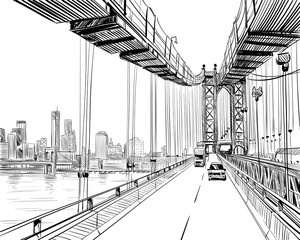Manhattan bridge hand drawn industrial illustration. New York city vector sketch © romanya