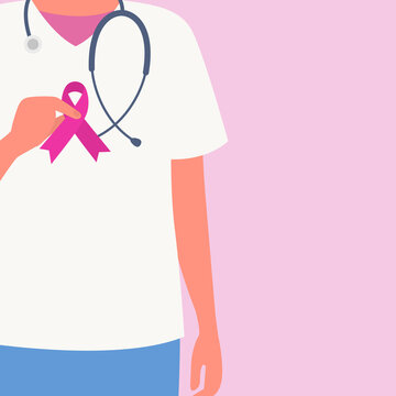Breast Cancer Awareness. Doctor holding pink ribbon. Doctors closeup. Vector