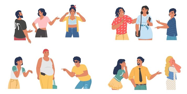People spreading rumors, laughing, bullying victim, vector isolated illustration. Mockery, violence, conflict.