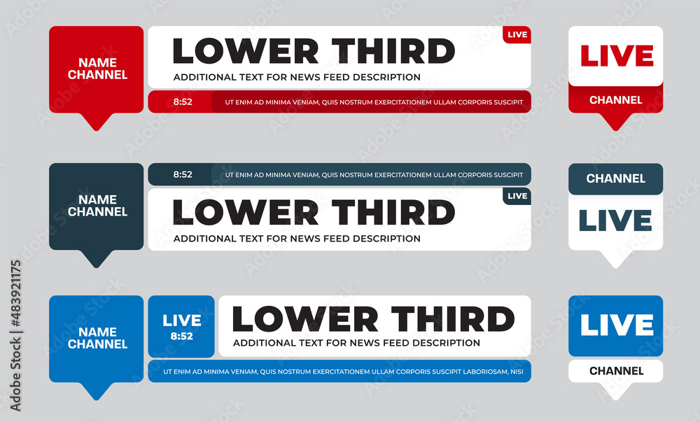 Aufkleber vector rectangular news line, triangular leg, lower third with black, blue, red square on white back