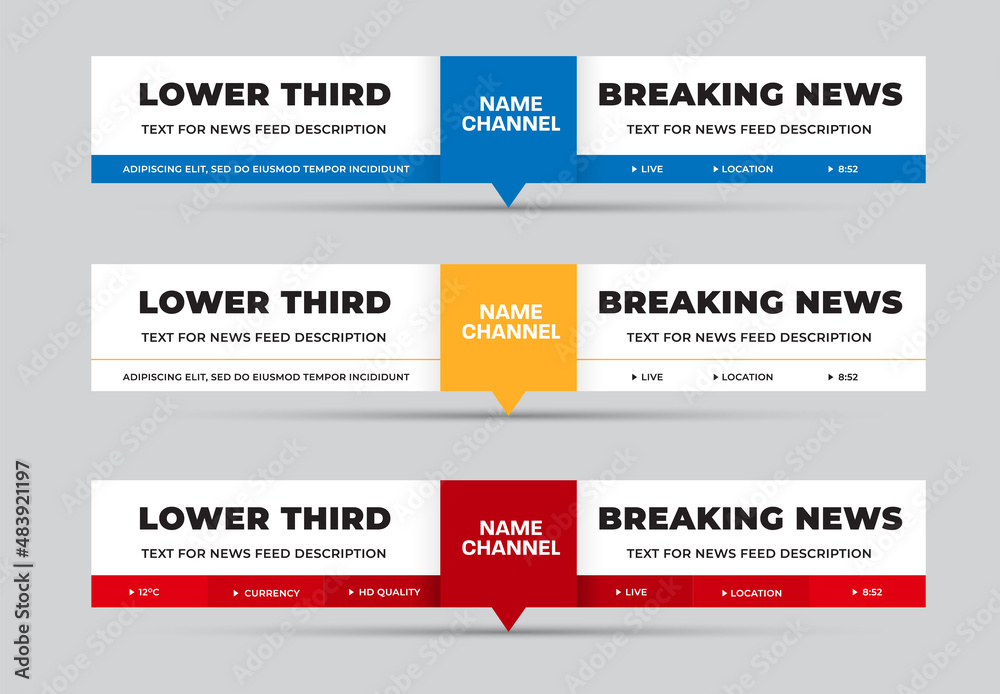 Poster Vector lower third, rectangular white dashboard for text with red, blue, yellow square in the center for channel name.
