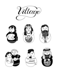 Collection of villagers characters. Black templates vector illustration. A woman with a basket of berries, a girl with a pumpkin, a man with ears of corn, a guy with an apple, elderly people with tea - obrazy, fototapety, plakaty